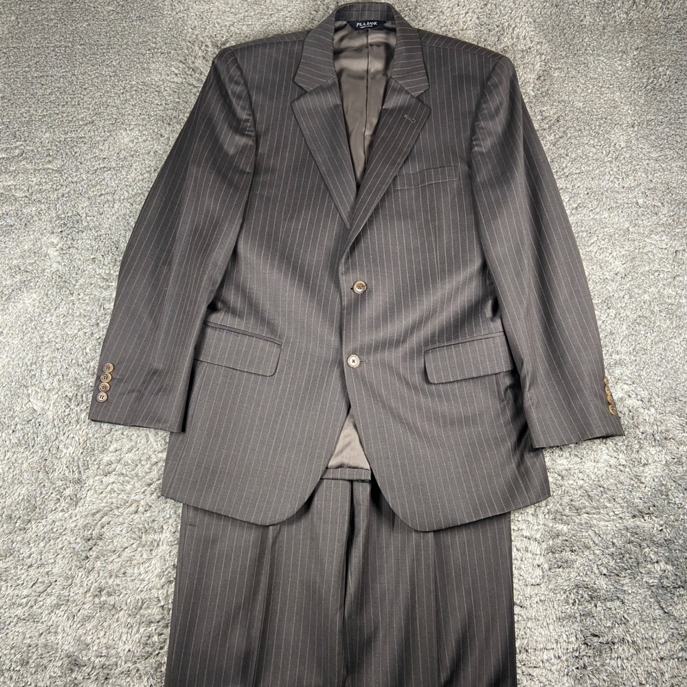 Jos A Bank 2 Piece Suit Men 41R Blazer 35x30 Pant Brown Pinstripe Signature Wool